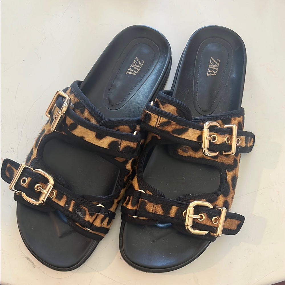 Zara leopard print fur Sandals with Gold Buckles size 40